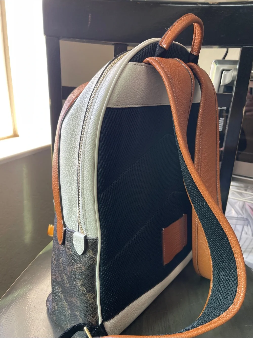 Coach Brown Monogram Backpack with Cream Front Pocket and Tan Trim